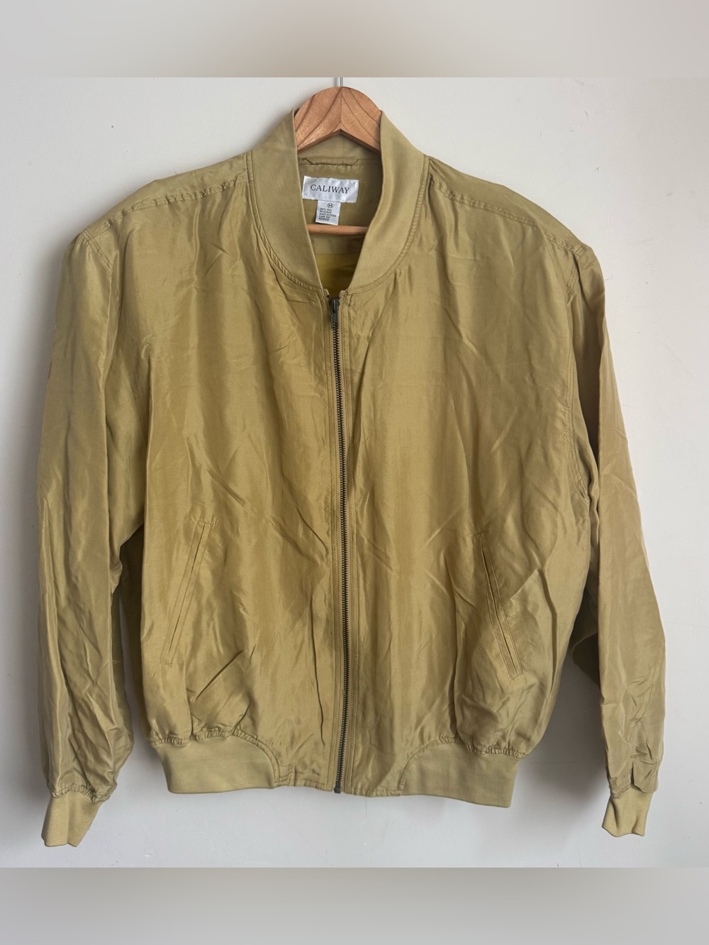 Caliway Men's Medium Gold 100% Silk Full Zip Bomber Jacket Casual Lightweight